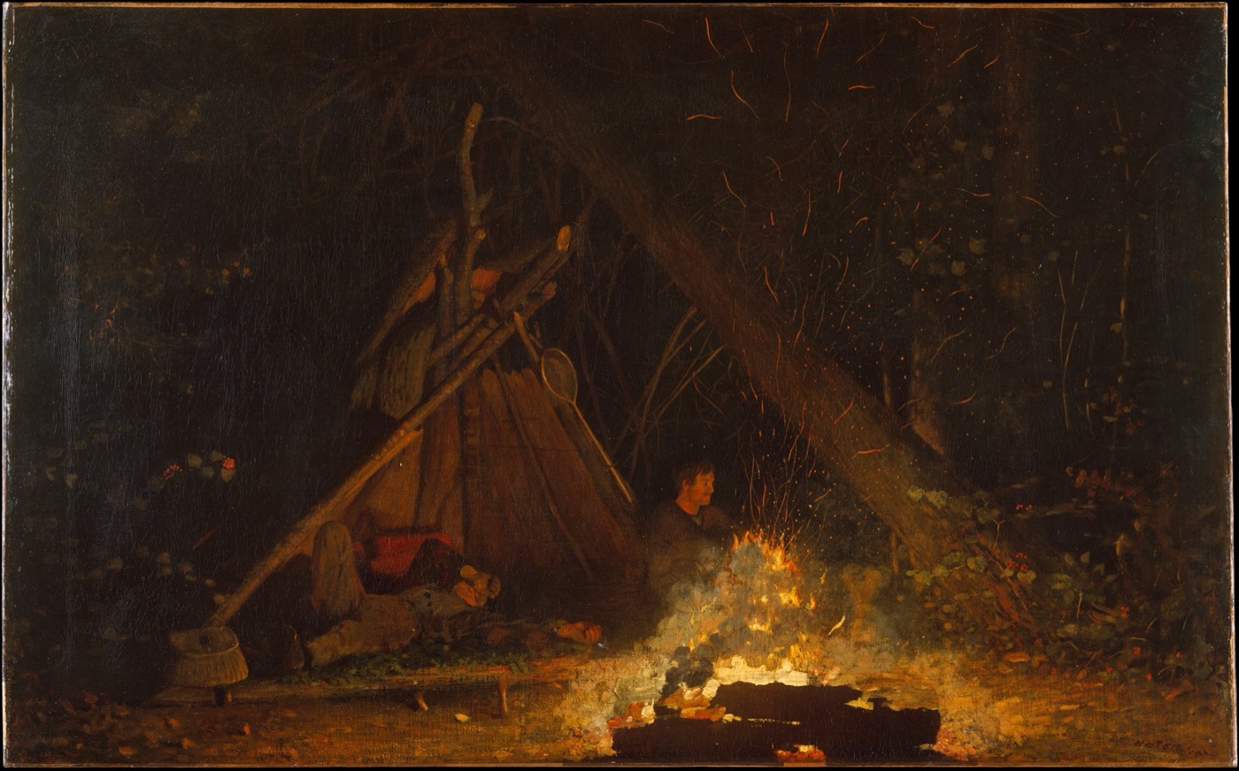 Winslow Homer's painting of figures gathered around a campfire at night