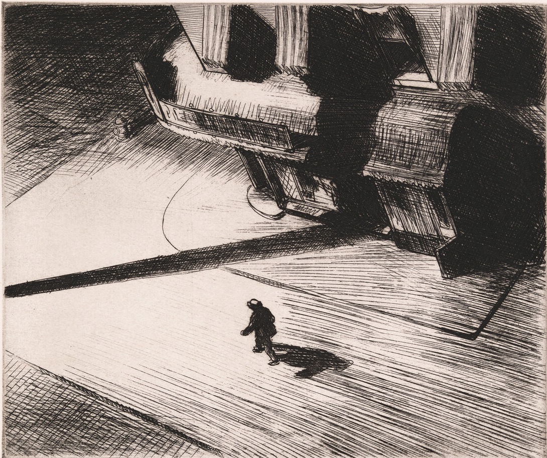 Edward Hopper's nocturnal view of a solitary figure crossing a city street