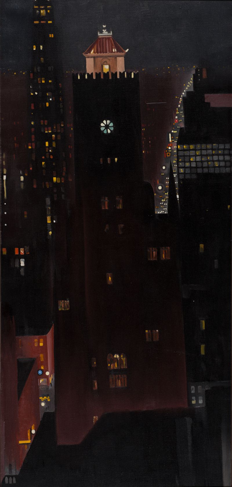 Georgia O'Keeffe's dark vertical painting of a New York skyscraper at night